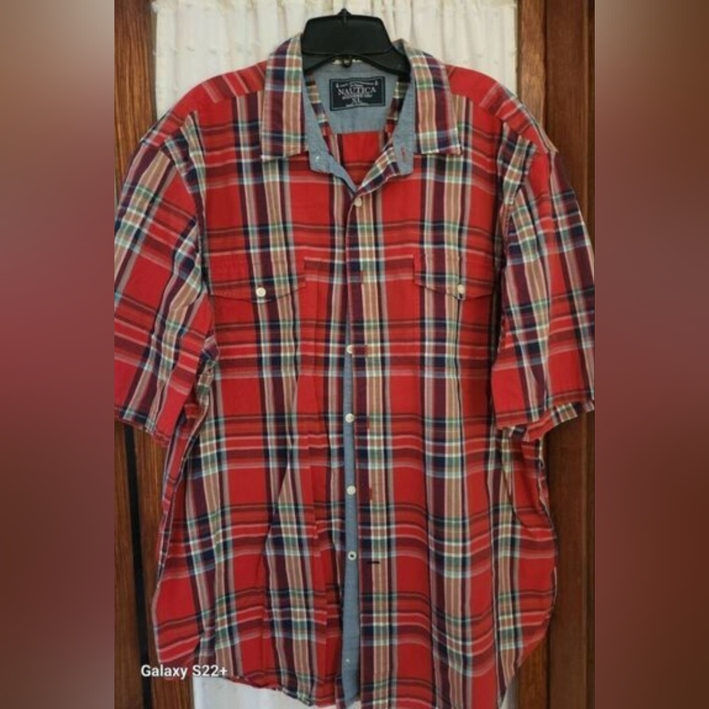 M42 Nautica Red Plaid Short-Sleeve Button-Down Casual Men's Shirt Sz XL